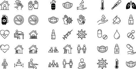 Naklejka premium Comprehensive Healthcare and Safety Line Icon Set Featuring Mask, Thermometer, Virus, Sanitizer, Social Distancing, and Medical Symbols for Public Health Design