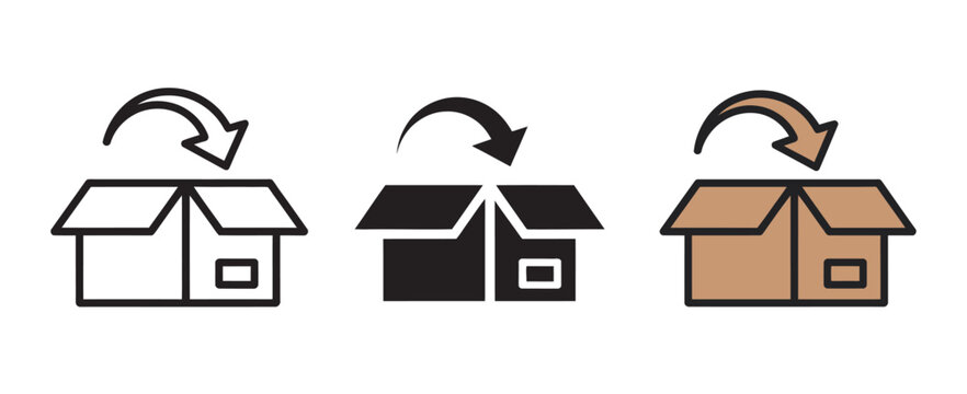 Cardboard box return icon set, open package symbols for product return policy, order exchange, unboxing delivery, e-commerce logistics vector illustration