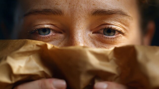 Extreme Nahaufnahme der Augen eines dunkelh&auml;utigen Mannes, der sein Gesicht hinter zerknittertem Packpapier verbirgt