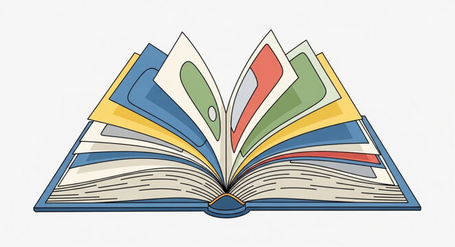 Open book with colorful pages and illustrations.