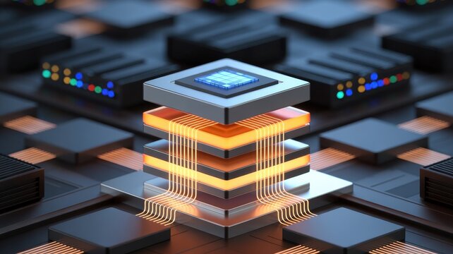 Abstract technology concept showing stacked processor layers with glowing circuitry