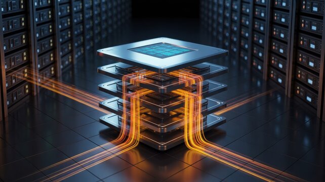 Abstract futuristic processor chip stack inside a server room data center