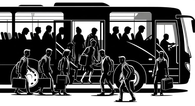 People boarding and disembarking a bus silhouette illustration.