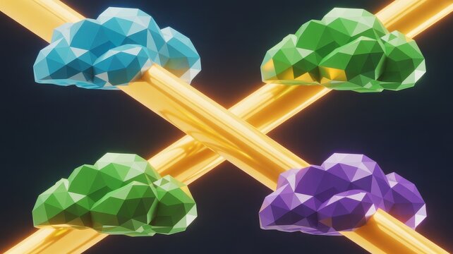 Abstract colorful low poly clouds connected by glowing gold pipes