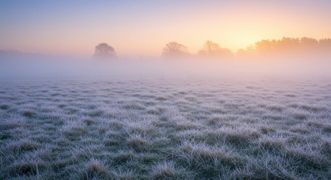 Frost covered field stretches toward misty horizon during soft sunrise light