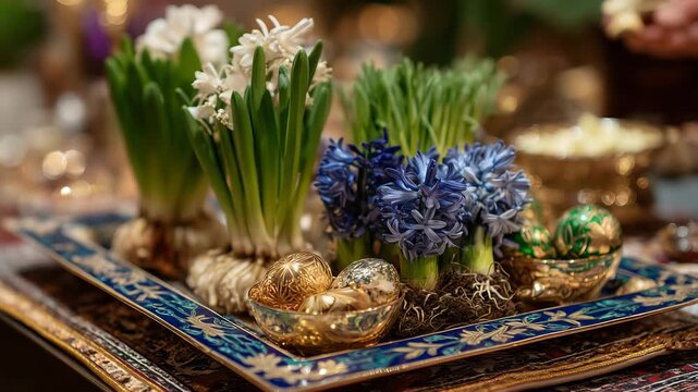 Nowruz haft-sin table display with seven symbolic items including sprouts hyacinth mirror painted eggs, Persian family hands arranging elements, spring equinox preparation, rich te