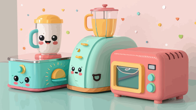 Cute kawaii kitchen appliances characters with smiley faces, pastel colored toaster, microwave, and blender 3d illustration on pink background