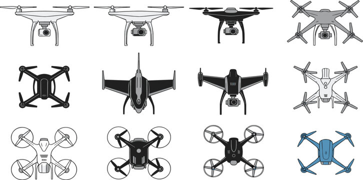 Modern drone and UAV vector set featuring 12 designs including camera quadcopters racing drones and fixed wing surveillance aircraft in flat style