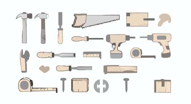 Decorative carpenter tools doodle set with hand drawn woodworking icons vector illustration
