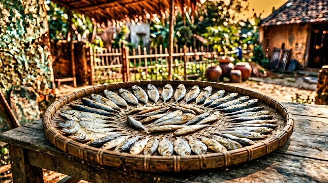 Traditional dried fish arranged in bamboo tray under natural sunlight in rural setting