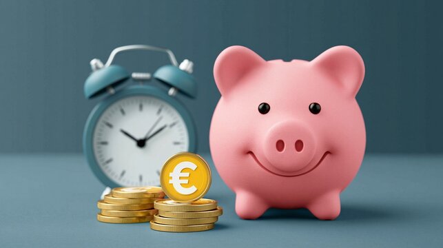 Ein l&auml;chelndes rosa Sparschwein steht neben einem Wecker und Goldm&uuml;nzen auf blauem Hintergrund