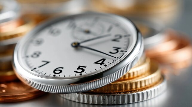 Eine Uhr lehnt an einem Stapel M&uuml;nzen und symbolisiert die Verbindung von Zeit und Geld.