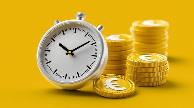 Eine Stoppuhr lehnt an einem Stapel M&uuml;nzen und symbolisiert die Verbindung von Zeit und Geld.