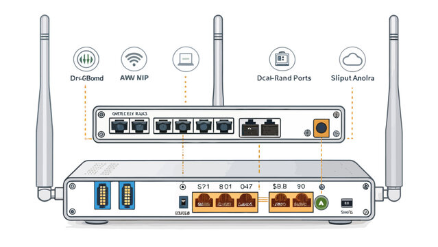 Network router back panel with various ports and antennas