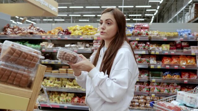 Young woman choosing a pastry in a supermarket, examining a plastic package while checking the label to make a thoughtful snack selection