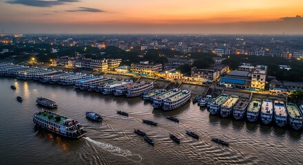 Fototapeta premium Aerial view of harbor at sunset.