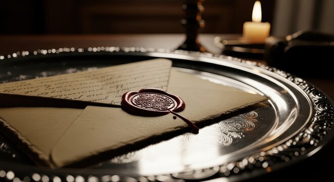 Wax sealed parchment letter rests upon a decorative silver platter in a dimly lit room.