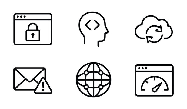 Set of modern technology and network security outline icons for digital interface and web development with technology, security