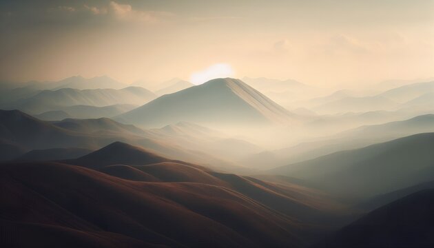A serene view of layered mountains surrounded by soft mist at sunrise