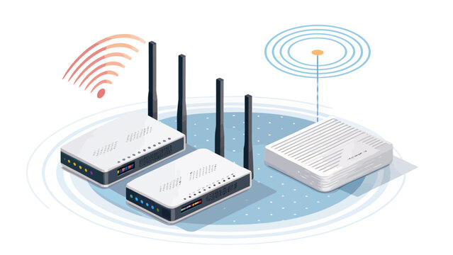 Isometric illustration of wireless routers and network devices with signal waves