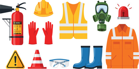 Industrial safety equipment vector set featuring fire extinguisher gas mask hard hat and high visibility vest for workplace health and safety compliance in flat style © MstRuna