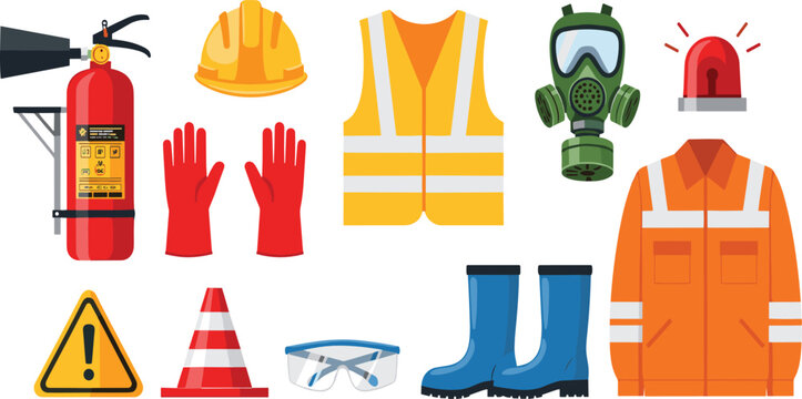 Industrial safety equipment vector set featuring fire extinguisher gas mask hard hat and high visibility vest for workplace health and safety compliance in flat style