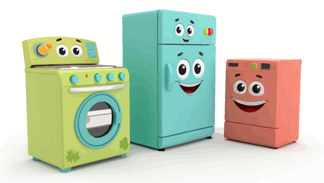 Cute cartoon household appliances characters including a washing machine, a refrigerator and a dishwasher