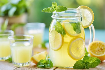 Fototapeta premium Refreshing homemade lemonade in a glass jar with lemon slices and mint leaves, surrounded by additional glasses of lemonade and fresh lemons on a wooden table