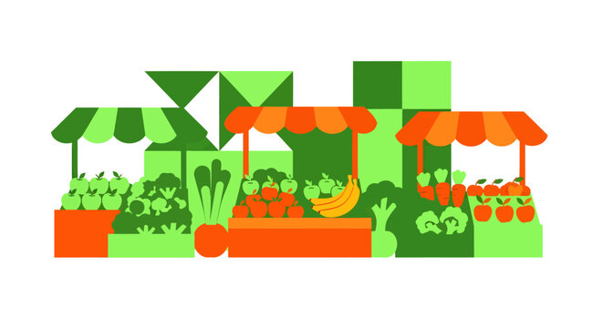 Vibrant farmer's market with colorful vegetable stalls and awnings