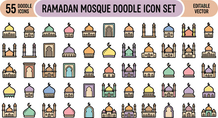 Ramadan mosque doodle icon set with Islamic architecture domes minarets prayer buildings religious editable vector collection © MdMahfujAhmmed