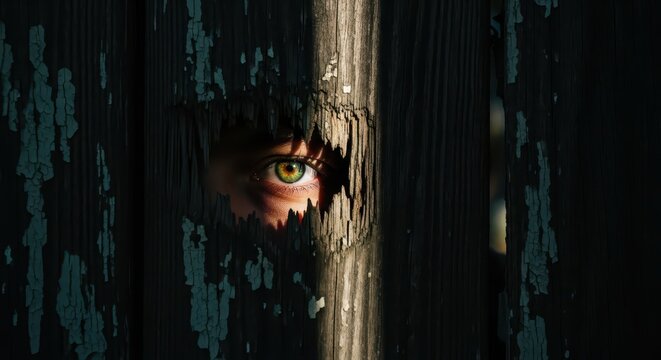 Human eye peeks through a hole in an old weathered wooden fence.