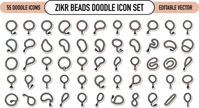 Zikr beads doodle icon set with tasbih prayer rosary Islamic worship counting beads spiritual editable vector collection