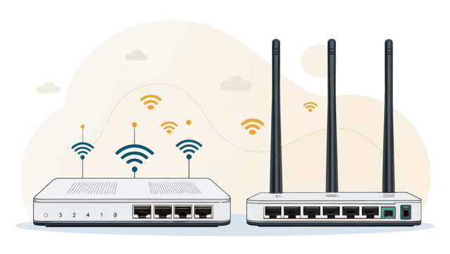 Illustration of two different types of network routers with antennas and ethernet ports