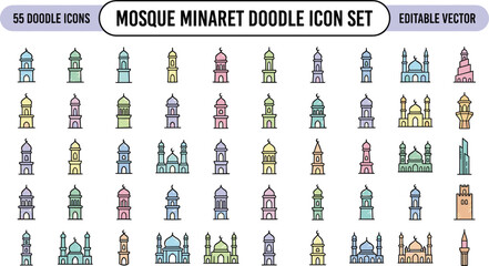 Mosque minaret doodle icon set with Islamic architecture towers domes religious landmarks editable vector collection for Ramadan design © MdMahfujAhmmed
