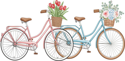 Fototapeta premium Vintage bicycle vector set featuring pink and blue cruiser bikes with wicker baskets full of tulips and roses in romantic flat style.