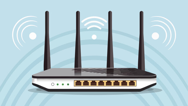 Wireless router with four antennas and wifi signal waves on a light blue background