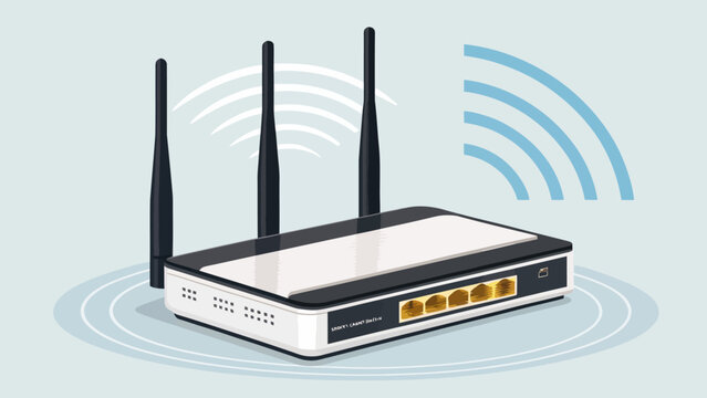 Wireless router with three antennas emitting wifi signal waves, network equipment for internet connection, modern digital communication device