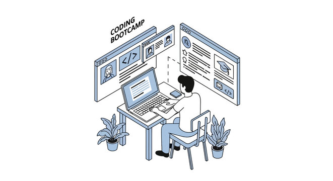 Isometric Illustration of Student Participating in Online Coding Bootcamp and Web Development Course
