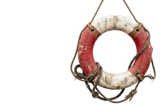Vintage red and white lifebuoy with weathered texture