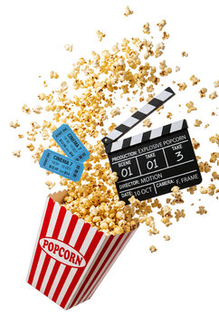 Cinema popcorn box with clapperboard and movie tickets