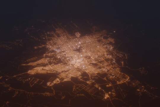 Aerial shot of Riyadh (Saudi Arabia) at night, view from south. Imitation of satellite view on modern city with street lights and glow effect. 3d render
