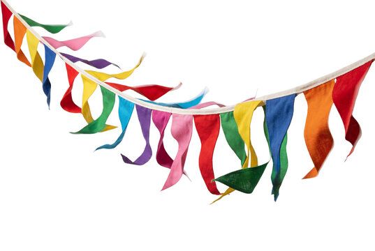 Colorful festive bunting flags hanging on string