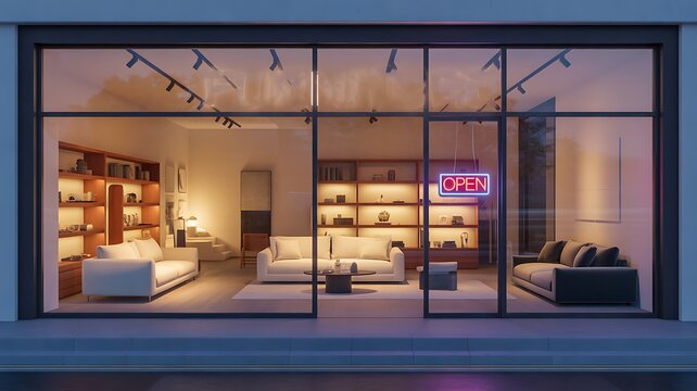 Modern furniture showroom interior with glass facade and illuminated open sign