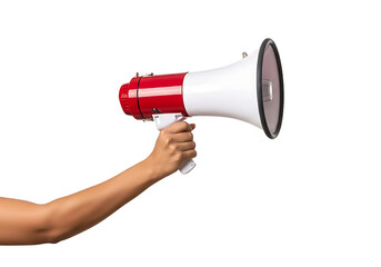 Fototapeta premium Hand holding red and white megaphone on white background for announcement with public address