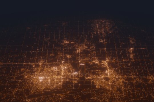 Aerial shot on Loveland, Fort Collins and Greeley (Colorado, USA) at night, view from west. Imitation of satellite view on modern city with street lights and glow effect. 3d render