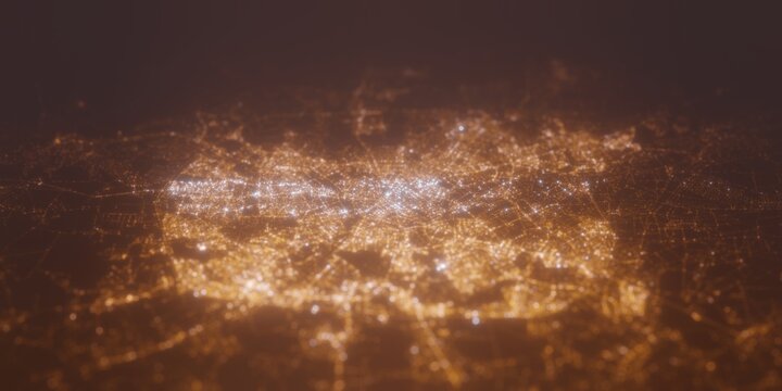 Street lights map of Minsk (Belarus) with tilt-shift effect, view from south. Imitation of macro shot with blurred background. 3d render, selective focus