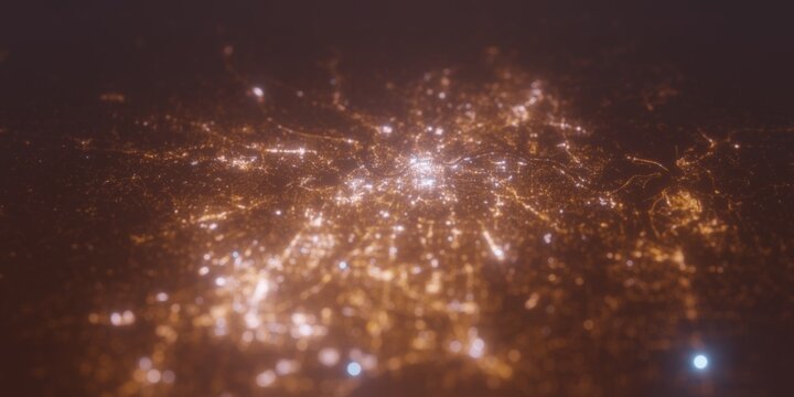 Street lights map of Cincinnati (Ohio, USA) with tilt-shift effect, view from north. Imitation of macro shot with blurred background. 3d render, selective focus