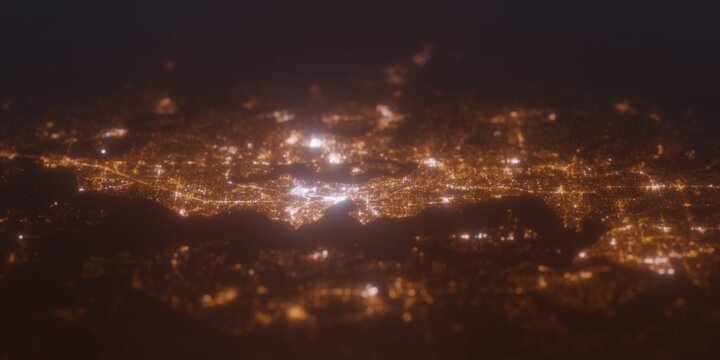 Street lights map of Seattle (Washington, USA) with tilt-shift effect, view from west. Imitation of macro shot with blurred background. 3d render, selective focus