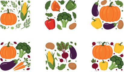 Fototapeta premium Vegetable composition set with pumpkin, corn and fresh farm produce, organic food ingredients vector illustration for healthy lifestyle design
