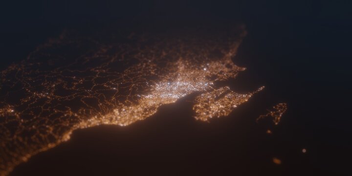 Street lights map of Cebu (Philippines) with tilt-shift effect, view from south. Imitation of macro shot with blurred background. 3d render, selective focus